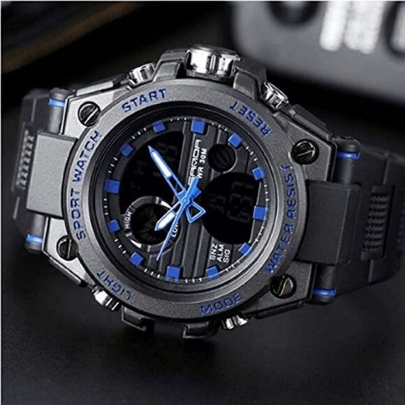 BLACK BLUE STAINLESS STEEL MILITARY SPORT WATERPROOF QUARTZ WRISTWATCH - Picture 2 of 6